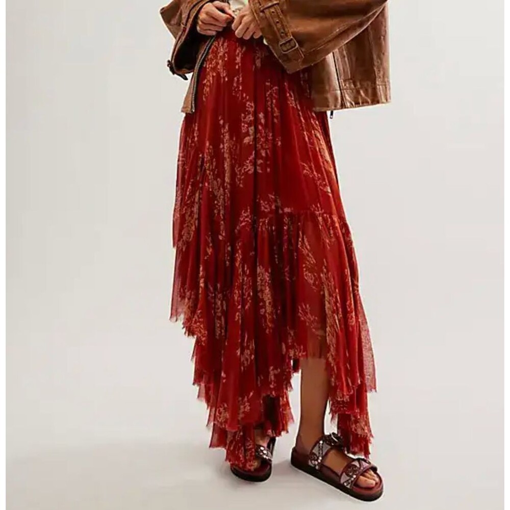 Free People Skirt floral asymmetrical clover maxi womens Red (xsmall) boho fairy